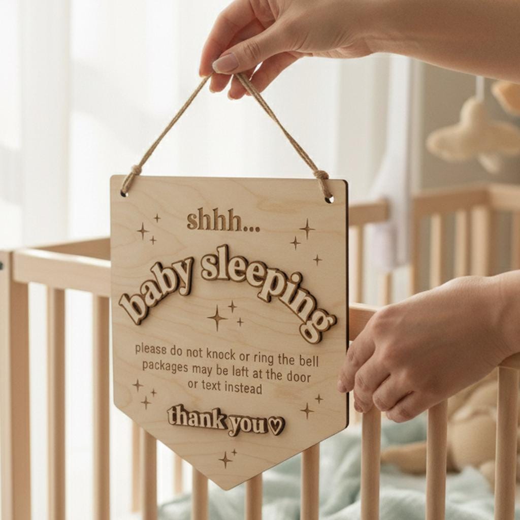 Baby Is Sleeping Delivery Sign | Shield Shape Wooden Door Hanger | 3D Wood Name Do Not Disturb | Front Porch Package Plaque