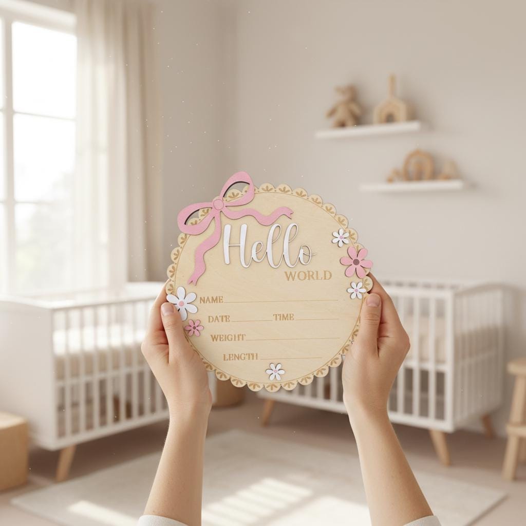 Baby Girl Hello World Sign Wooden Birth Stats Baby Shower Gift