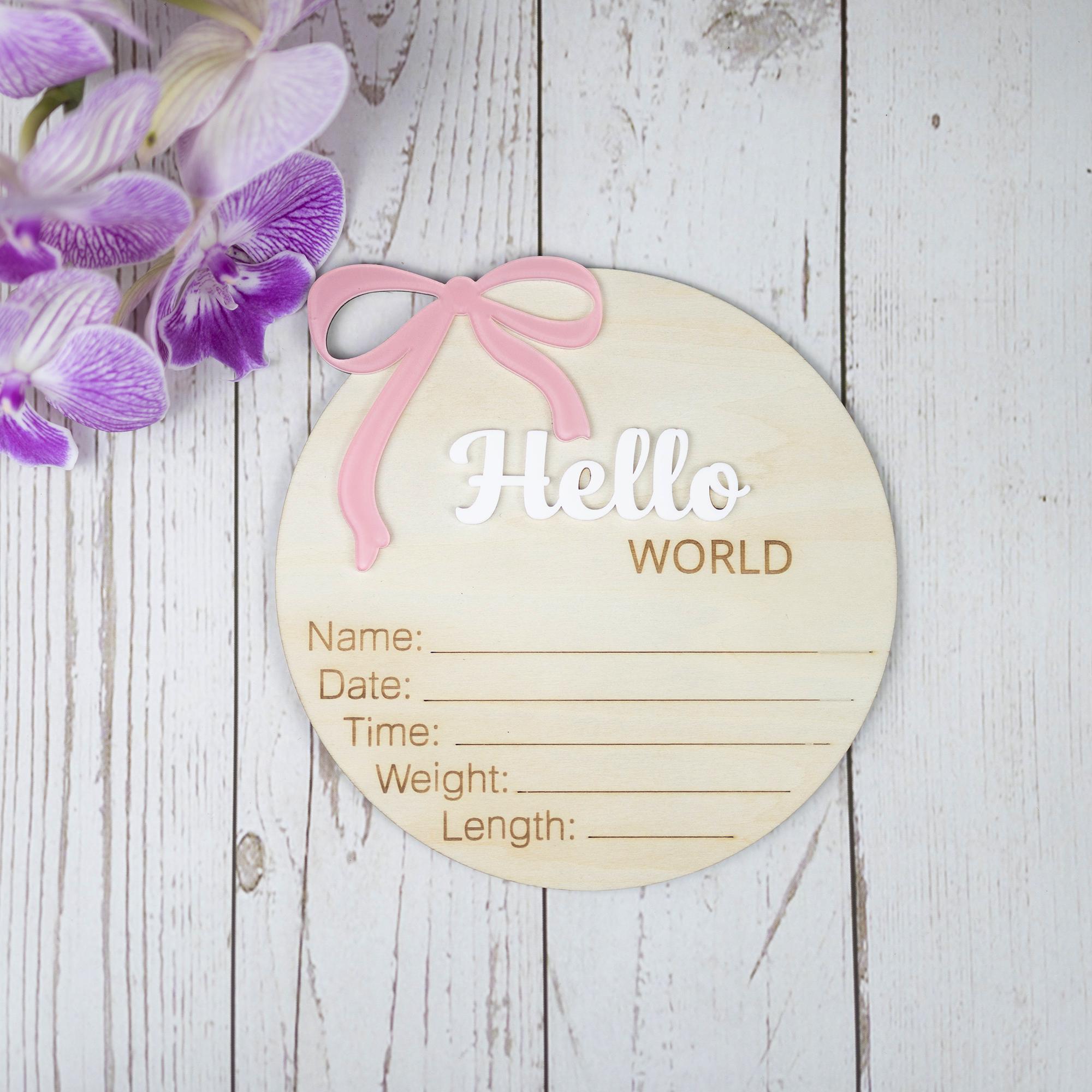 Hello World Baby Announcement Sign, Baby Girl Birth Announcement Sign, Baby Girl Name Sign, Newborn Photo Prop, Baby Shower Gift Keepsake