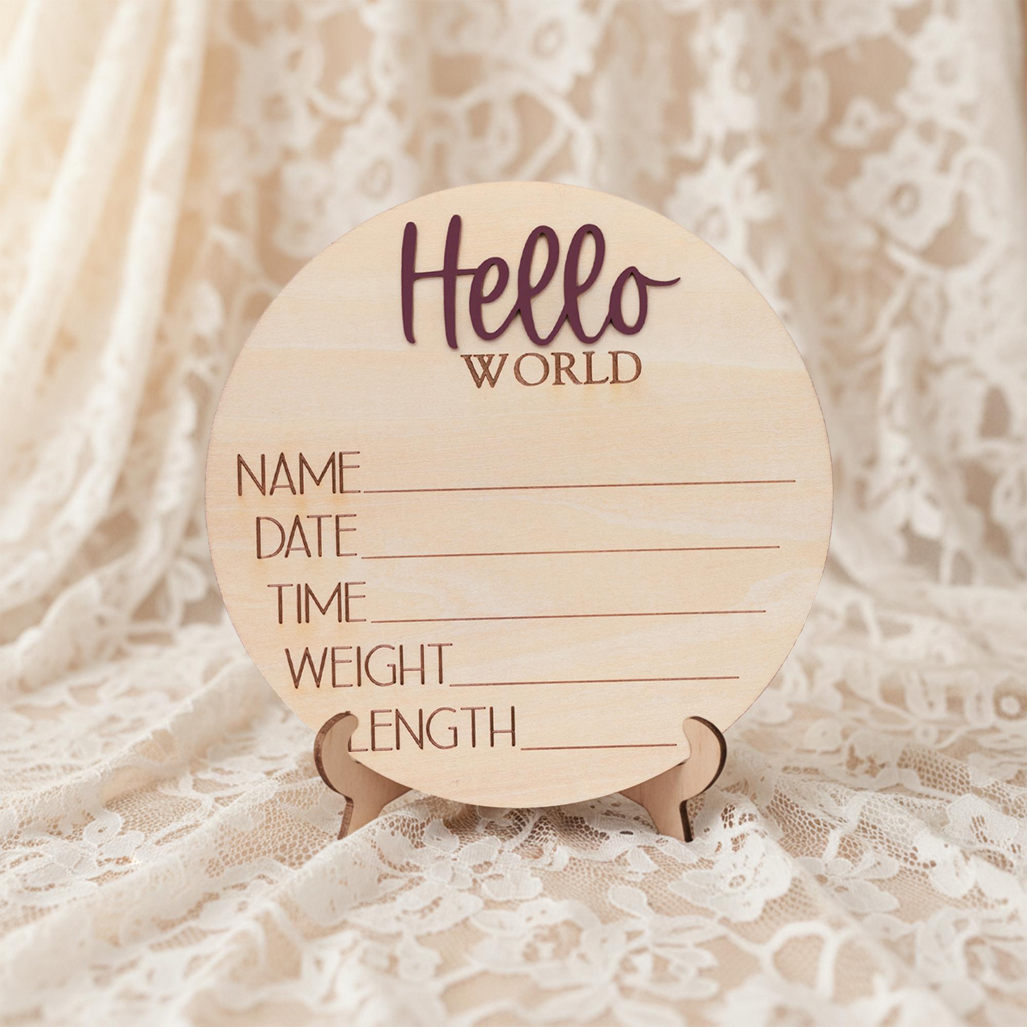 Hello World Newborn Hospital Sign Wooden Baby Photo Prop