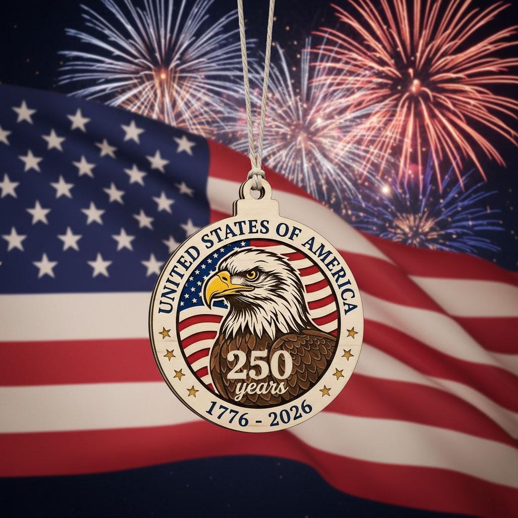USA 250 Years Wood Ornament, Layered Eagle Patriotic Gift, 1776-2026 Anniversary Decor, Handmade Wooden Semiquincentennial Gift