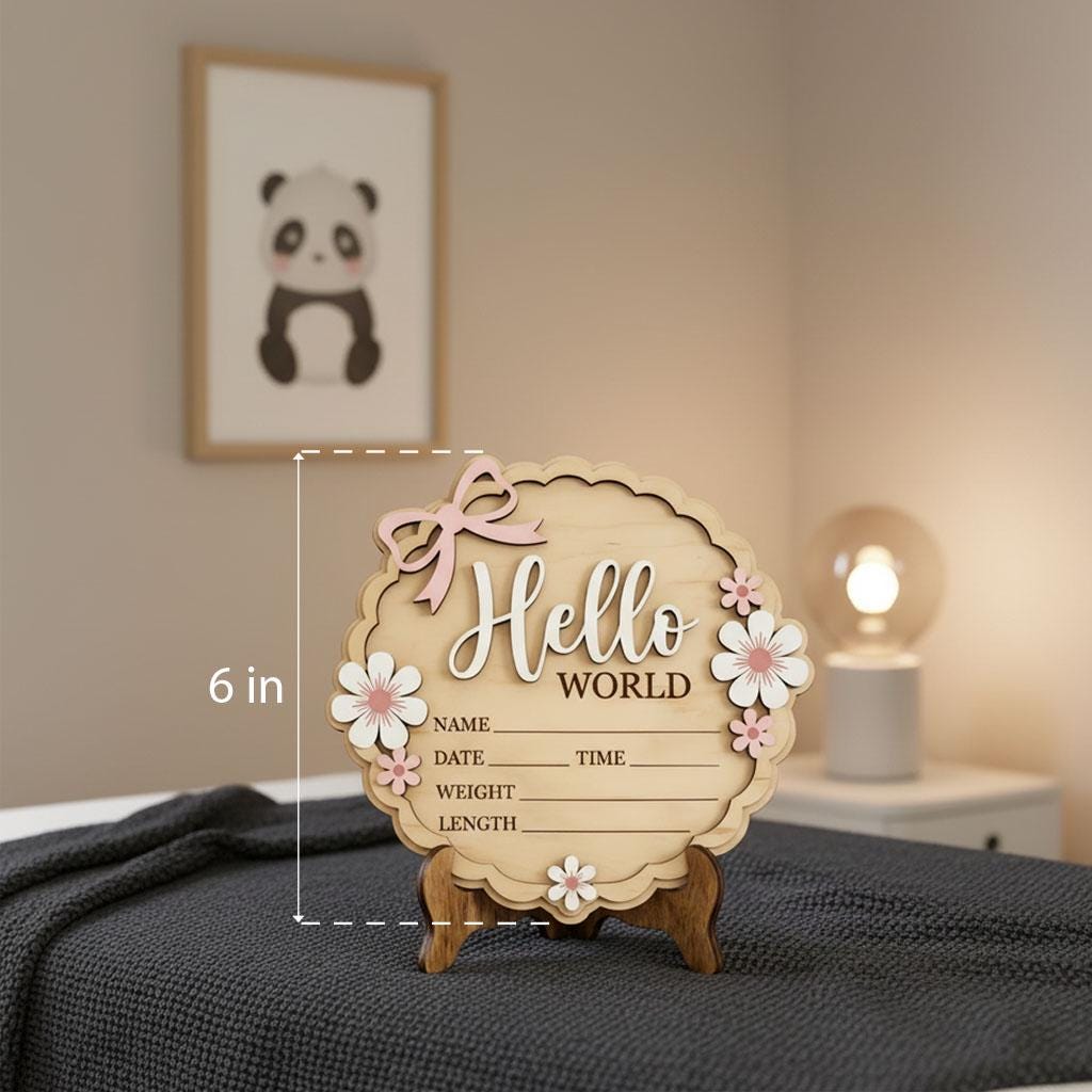 Coquette Pink Bow Birth Sign | 3D Daisy Scalloped Plaque | Acrylic Hello World Announcement | Shabby Chic Girl Nursery Prop