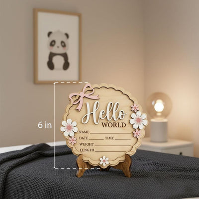 Coquette Pink Bow Birth Sign | 3D Daisy Scalloped Plaque | Acrylic Hello World Announcement | Shabby Chic Girl Nursery Prop