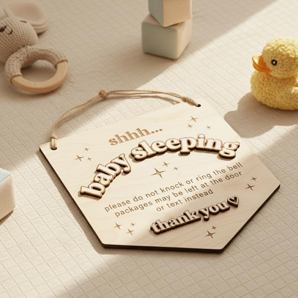 Baby Is Sleeping Delivery Sign | Shield Shape Wooden Door Hanger | 3D Wood Name Do Not Disturb | Front Porch Package Plaque