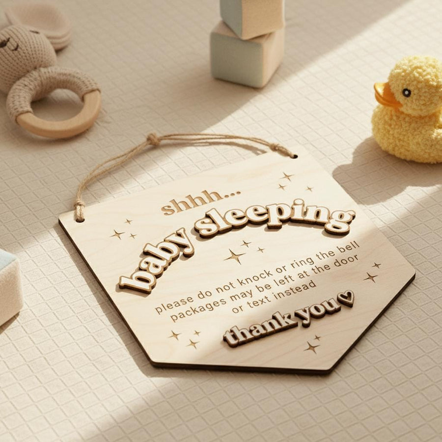 Baby Is Sleeping Delivery Sign | Shield Shape Wooden Door Hanger | 3D Wood Name Do Not Disturb | Front Porch Package Plaque
