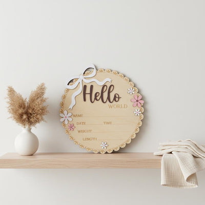 Newborn Hello World Sign Wooden Baby Birth Details Photo Prop