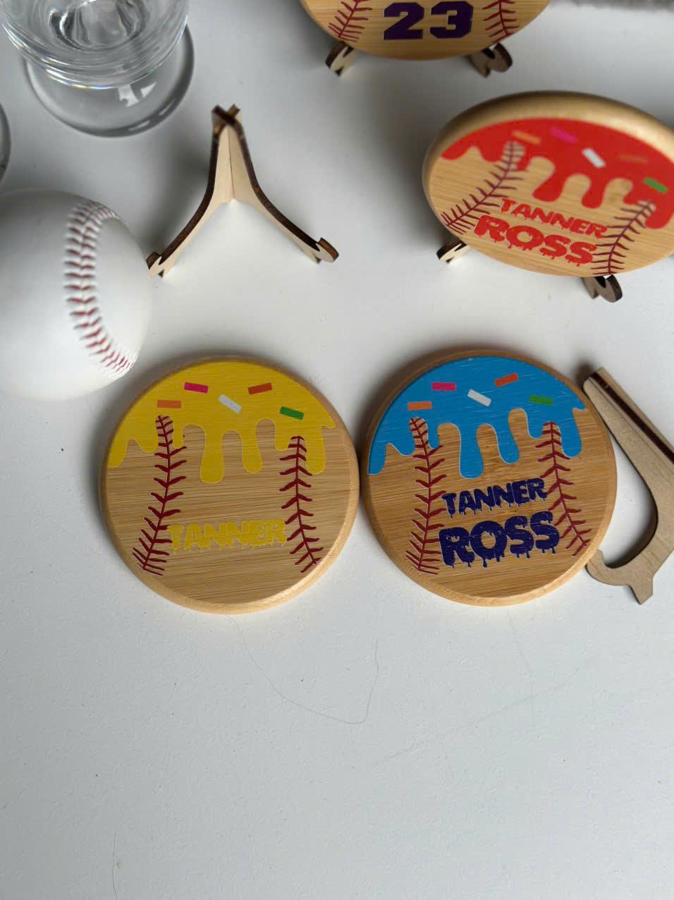 Personalized Baseball Bamboo Coaster: UV-Printed Drip Design