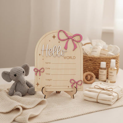 Hello World Wooden Baby Announcement Sign with Birth Details