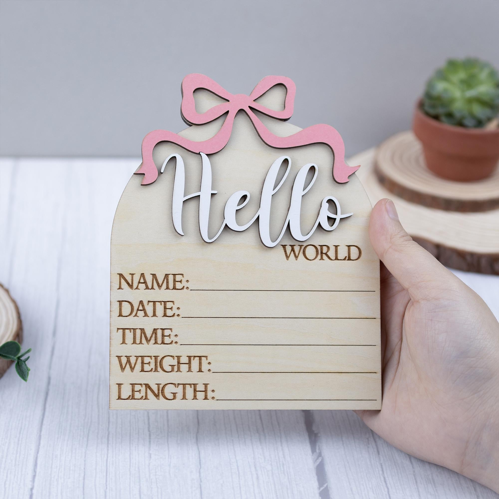 Hello World Sign With Pink Bow, Birth Stats Sign, Baby Girl Shower Gift Keepsake, Birth Announcement Sign, Baby Stats Announcement