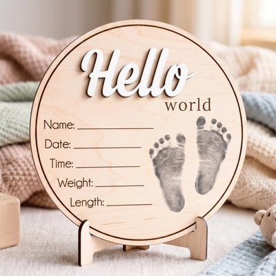 Printed Baby Footprint Sign | 3D Acrylic Hello World Wooden Plaque | Custom Newborn Birth Stats Announcement | Nursery Decor
