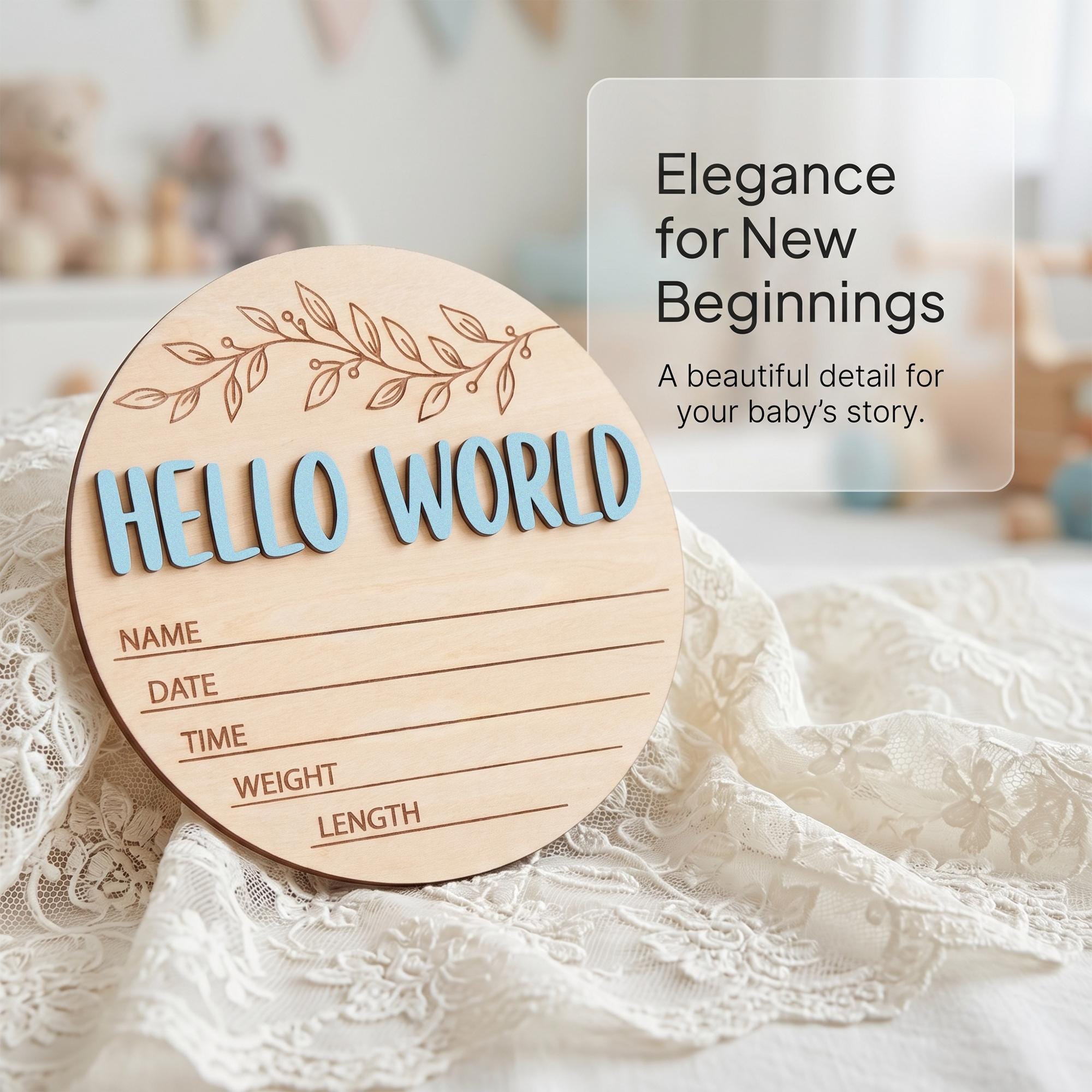 Blue Hello World Birth Stats Sign | 3D Botanical Leaf Wooden Plaque | Round Baby Boy Announcement Disc | Nursery Prop | Baby Shower Gift