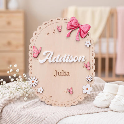 Oval Baby Name Sign for Nursery Scalloped Wood Birth Announcement Sign Custom Wood Plaque for Hospital Girl Bow Personalized Baby Gift