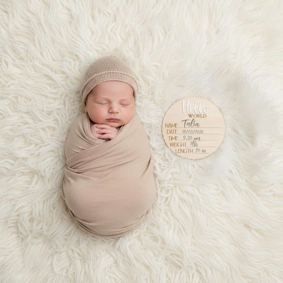 Personalized Baby Birth Stats Sign, Wooden Hello World Newborn Nursery Decor