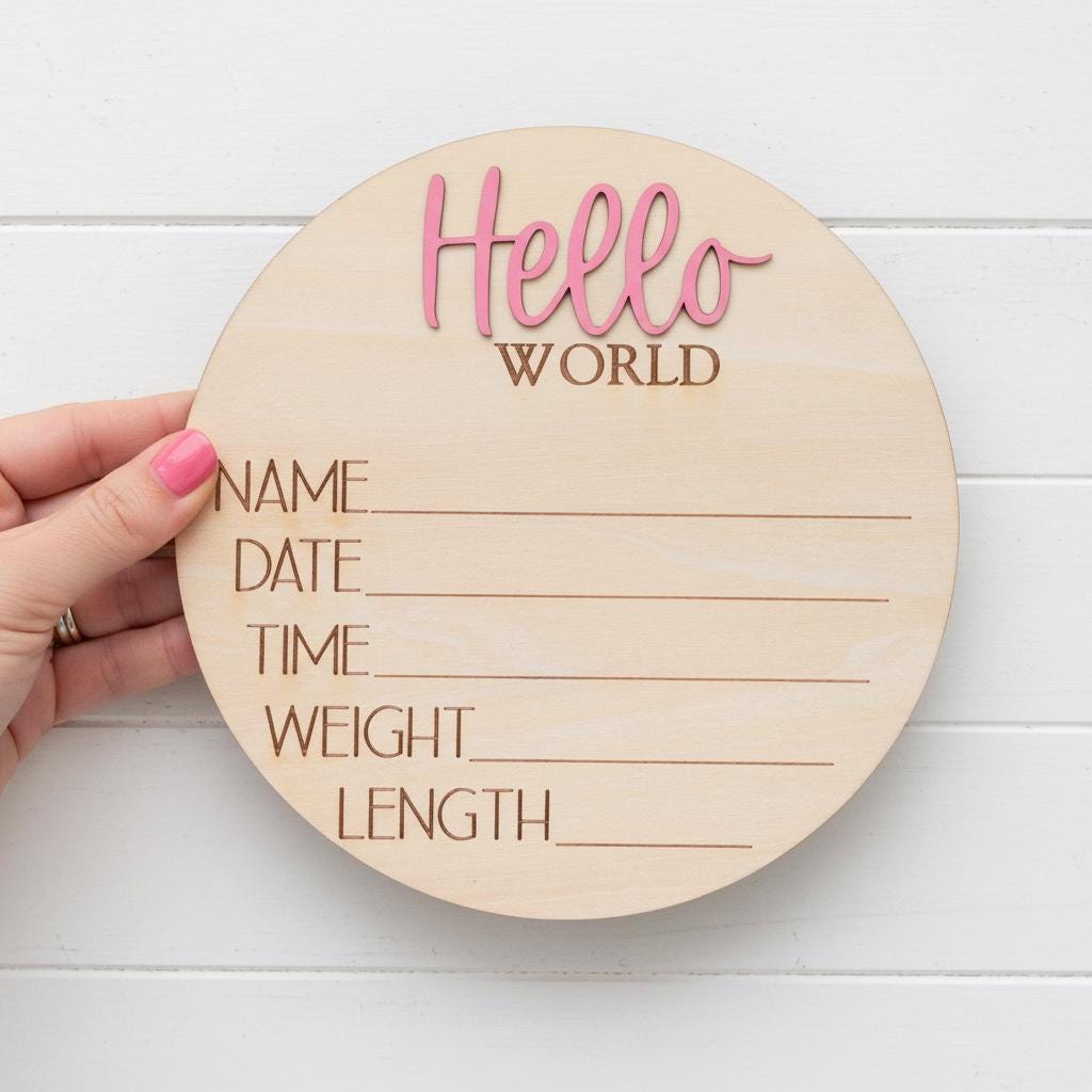 Hello World Baby Birth Stats Sign Personalized Wooden Newborn Announcement