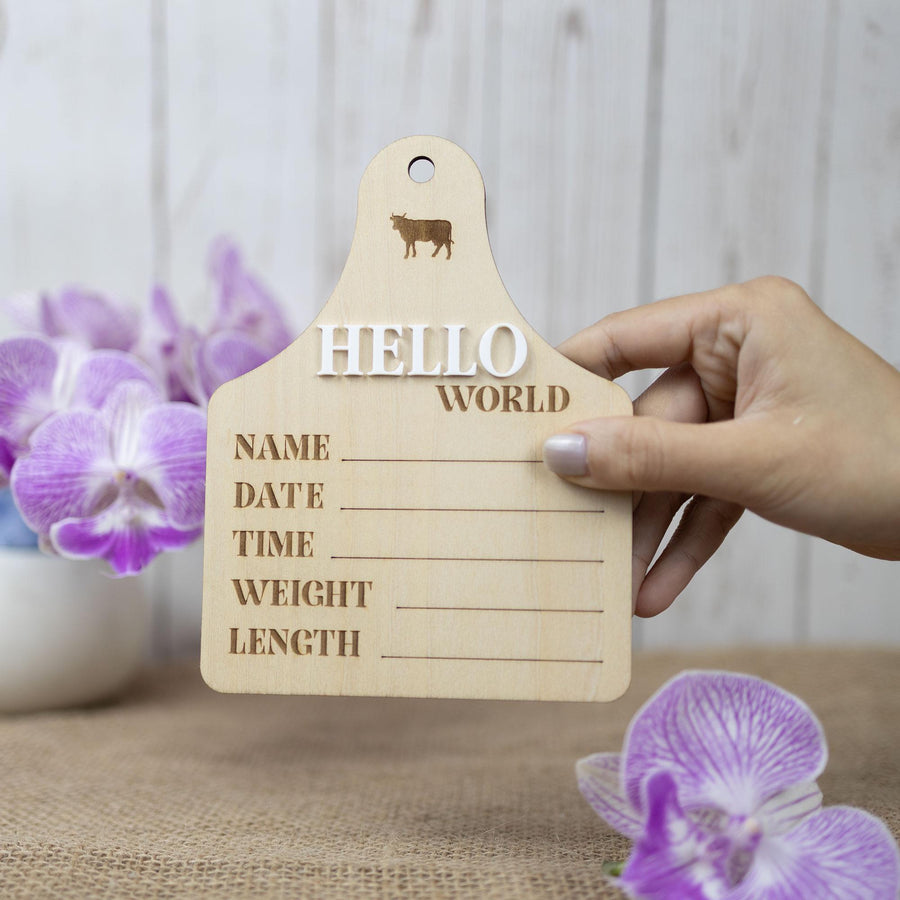 Hello World Baby Stats Sign, 3D Hello World Sign, Baby Photo Prop, Newborn Announcement, Cow Tag Baby Decor, Baby Birth Stats Sign