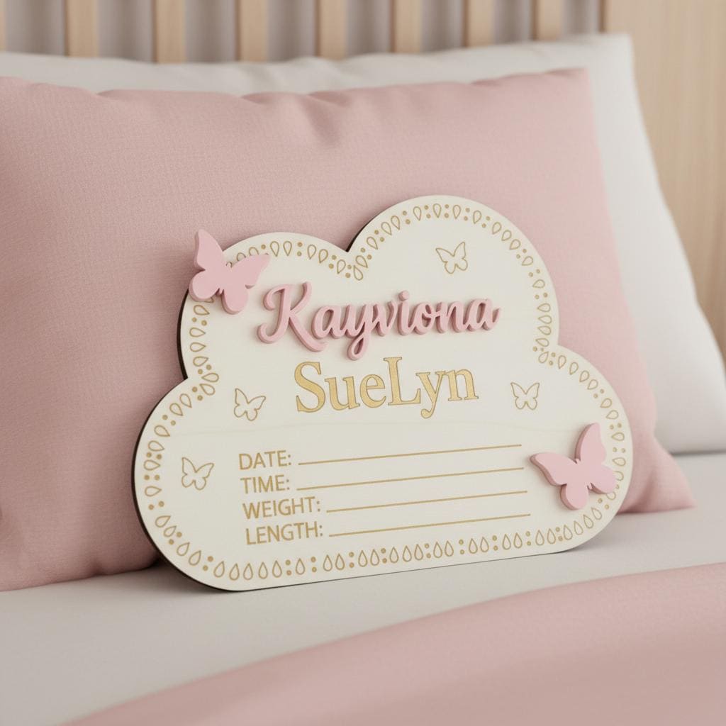 Personalized Wooden Baby Birth Announcement Sign, Cloud Nursery Name Plaque