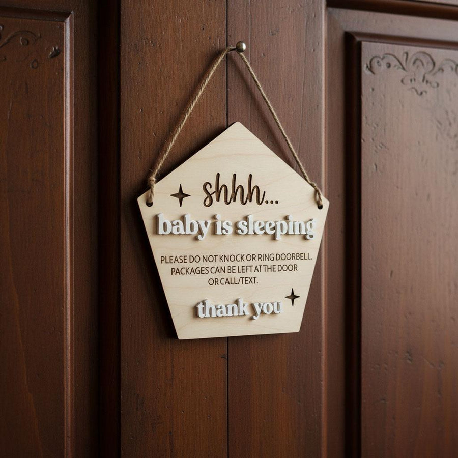 Baby Is Sleeping Delivery Sign | Pentagon Wooden Door Hanger | Shh Do Not Disturb Plaque | Custom Front Porch Package Decor