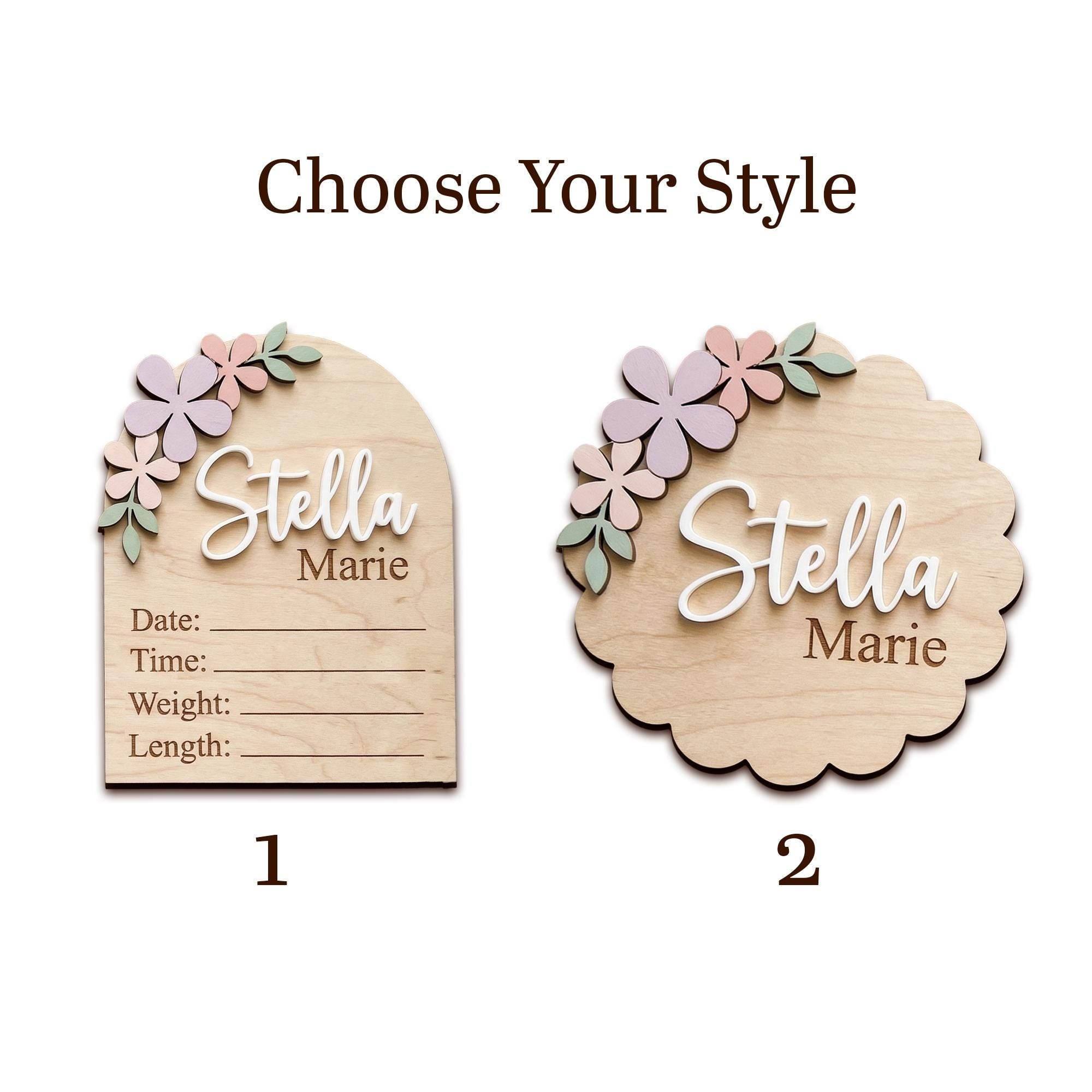 Pastel Floral Birth Stats Sign | Multi Style Arch or Scallop Wooden Plaque | 3D Name Baby Girl Announcement | Nursery Photo Prop