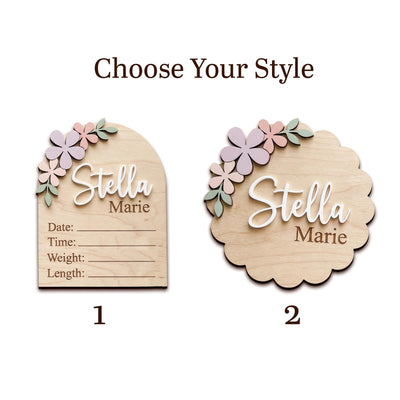 Pastel Floral Birth Stats Sign | Multi Style Arch or Scallop Wooden Plaque | 3D Name Baby Girl Announcement | Nursery Photo Prop