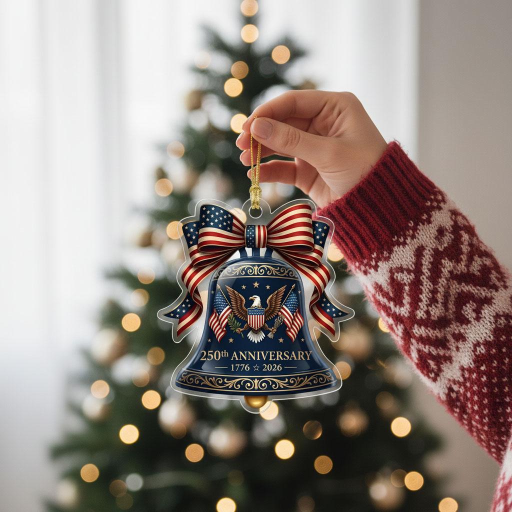 Semiquincentennial Gift 2026 USA 250th Anniversary Ornament Navy Blue Liberty Bell Patriotic Eagle Decor American Flag Bow