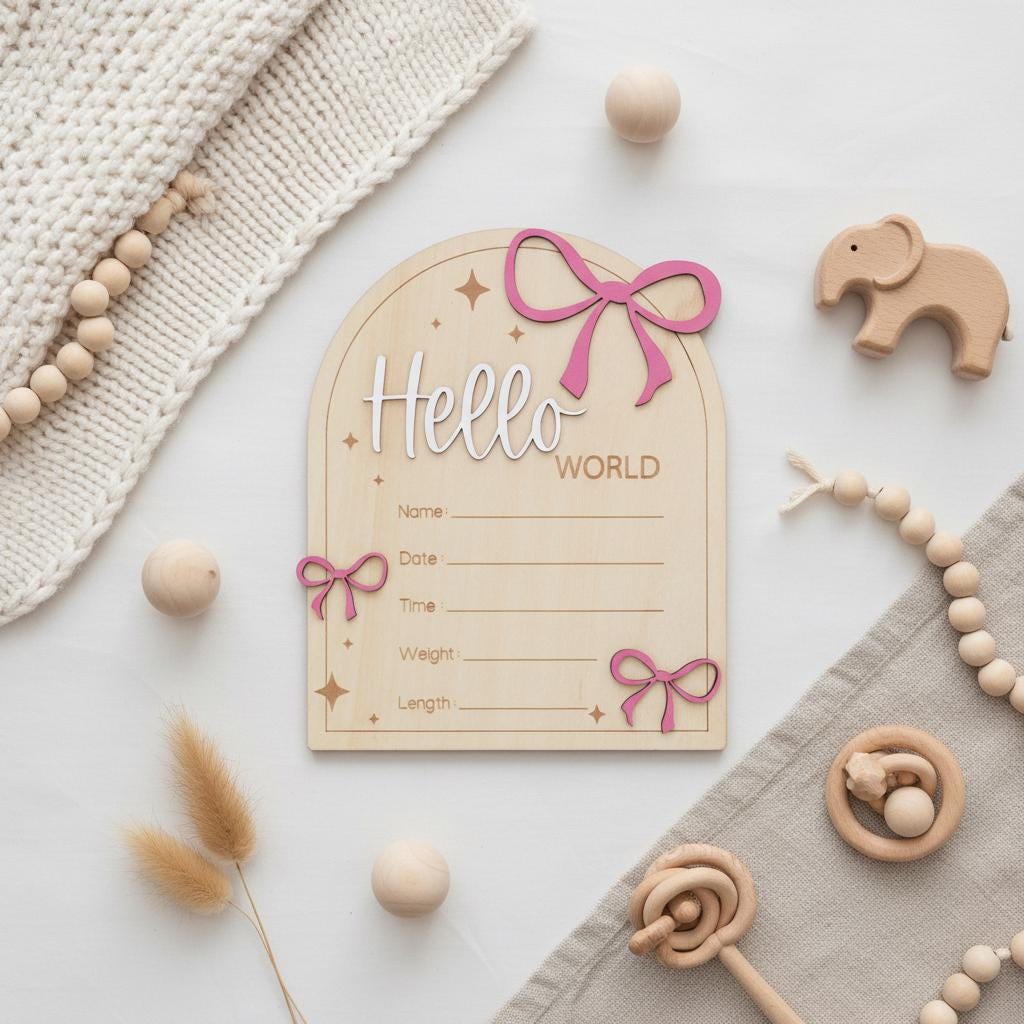 Hello World Wooden Baby Announcement Sign with Birth Details