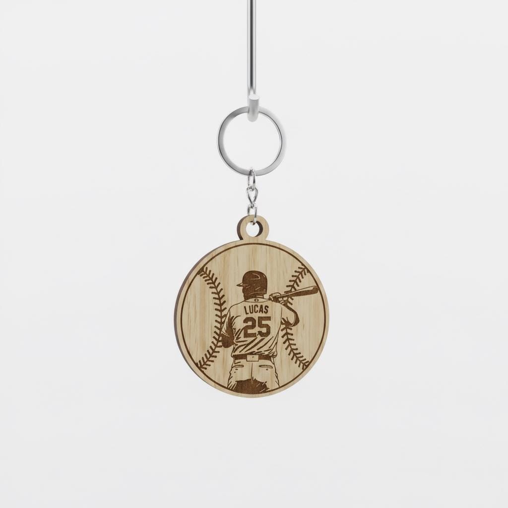Personalized Wooden Baseball Keychain Custom Player Name and Number, Engraved Baseball Player Keychain, Little League Gift
