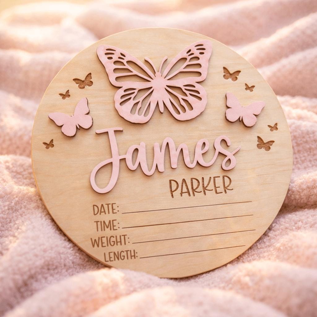 Baby Announcement Sign Set Personalized Wooden Baby Name Sign Butterfly Nursery Decor Birth Stats Sign Newborn Gift Set