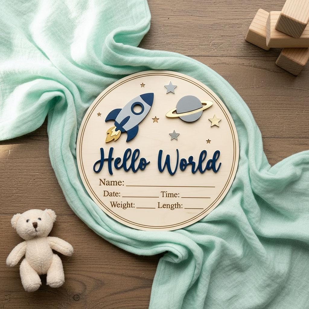 Blue Rocket Birth Stats Sign for Hospital | Round Wooden Newborn Name Plaque | Custom Baby Boy Announcement | Space Nursery Decor