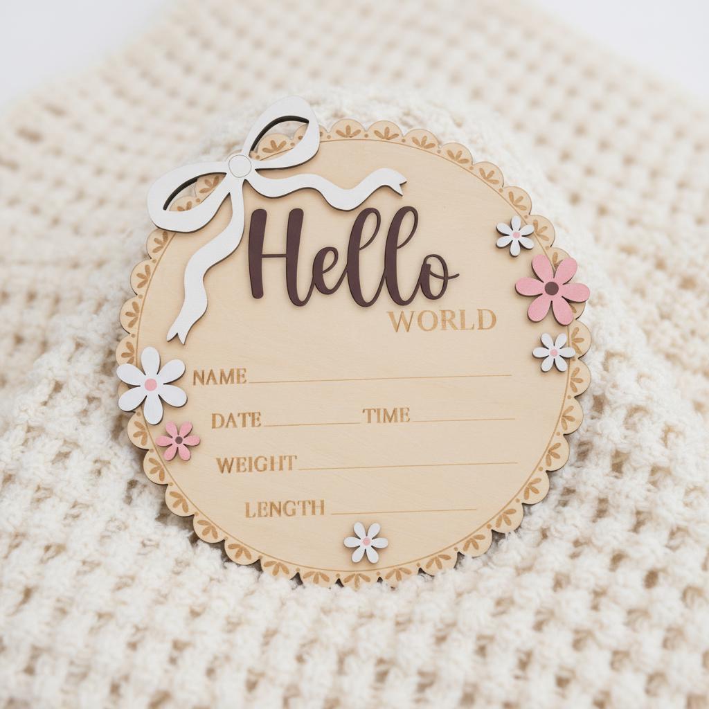 Newborn Hello World Sign Wooden Baby Birth Details Photo Prop
