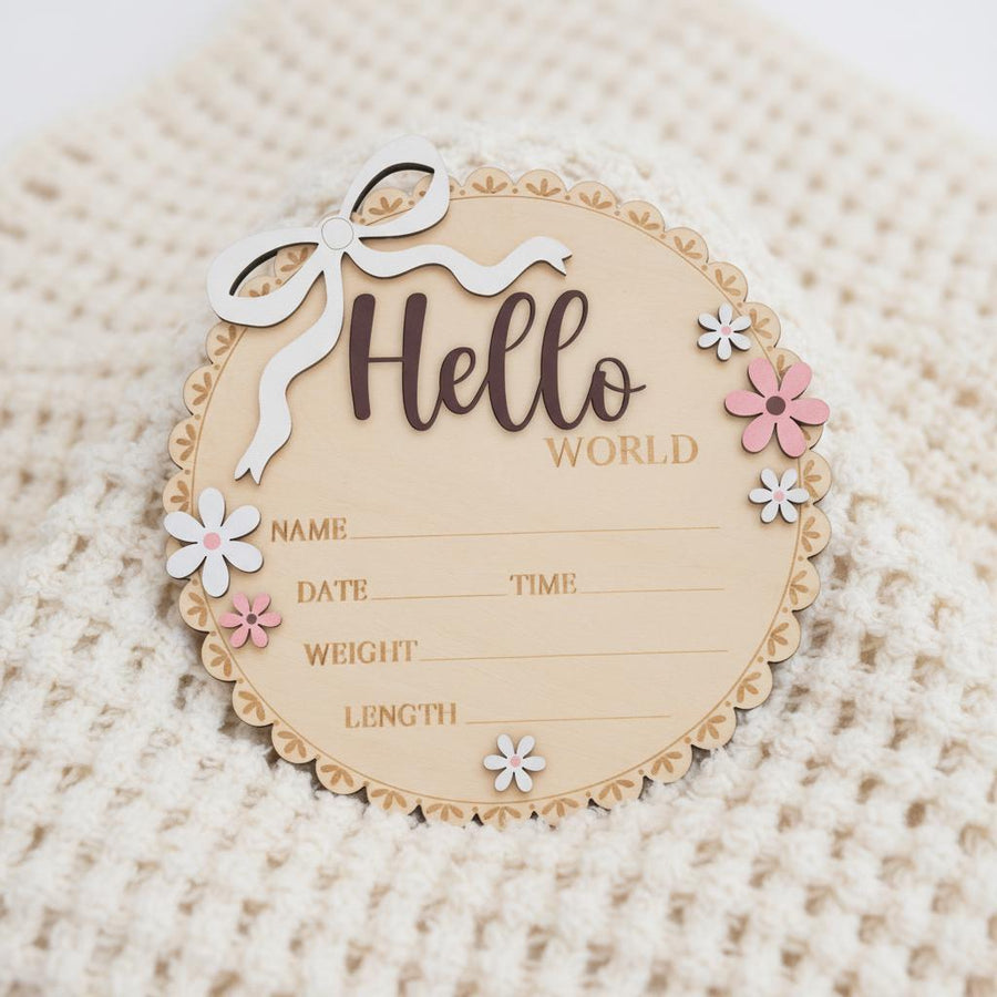 Newborn Hello World Sign Wooden Baby Birth Details Photo Prop