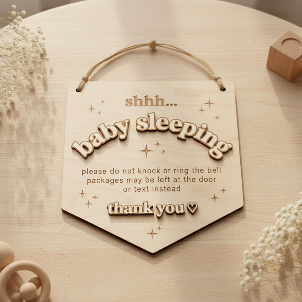 Baby Is Sleeping Delivery Sign | Shield Shape Wooden Door Hanger | 3D Wood Name Do Not Disturb | Front Porch Package Plaque