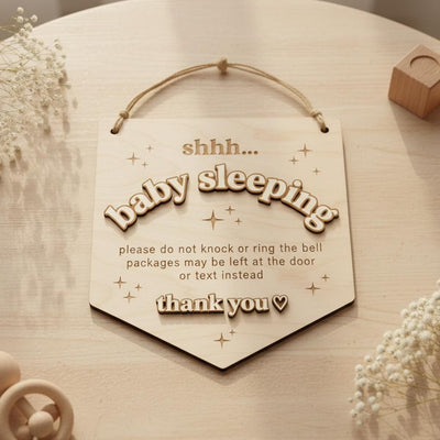Baby Is Sleeping Delivery Sign | Shield Shape Wooden Door Hanger | 3D Wood Name Do Not Disturb | Front Porch Package Plaque
