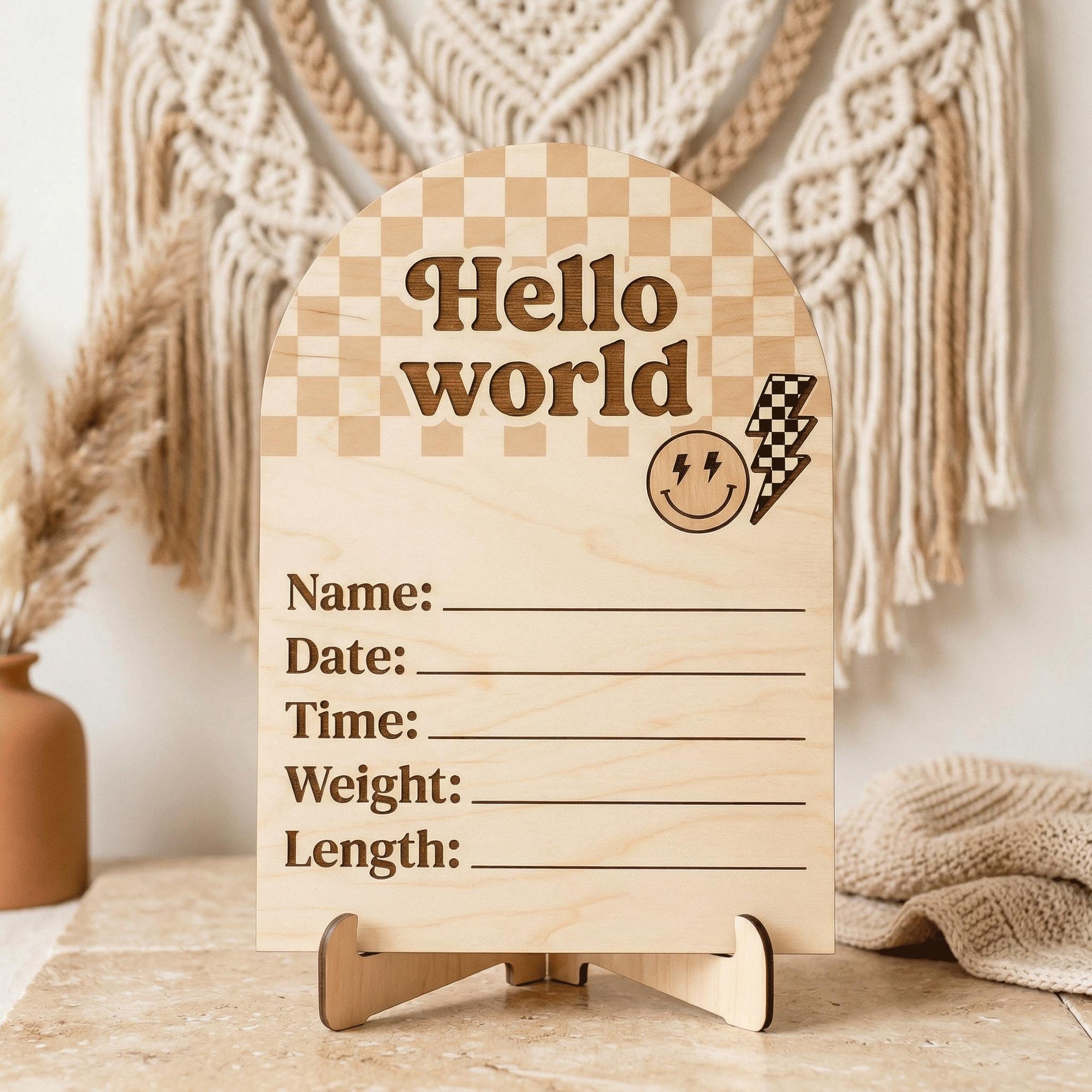 Retro Groovy Birth Stats Sign | Checkerboard Arch Wooden Newborn Plaque | Custom Smiley Baby Announcement | Neutral Nursery Prop