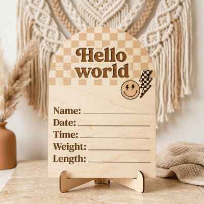 Retro Groovy Birth Stats Sign | Checkerboard Arch Wooden Newborn Plaque | Custom Smiley Baby Announcement | Neutral Nursery Prop