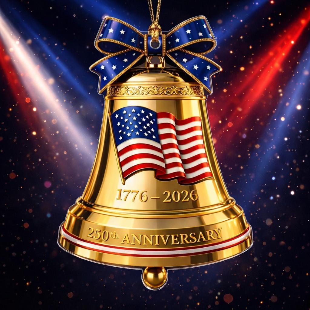 USA 250th Anniversary Golden Bell Ornament, 1776-2026 Liberty Bell Keepsake, Patriotic American Flag Gift, Luxury Holiday Decor