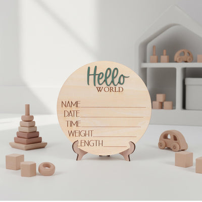 Newborn Hospital Baby Sign Hello World Wooden Birth Stats Photo Prop