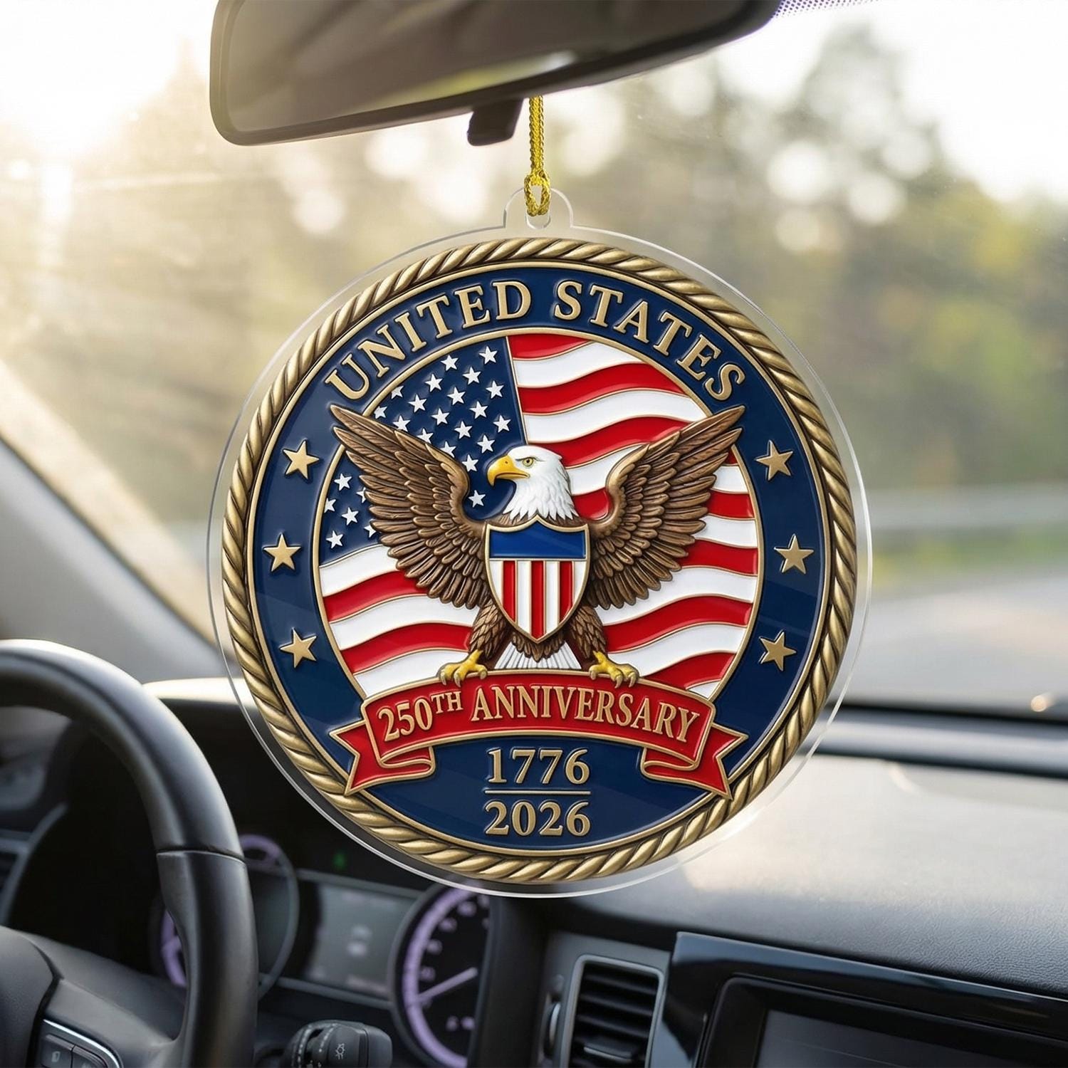 United States 250th Ornament, Semiquincentennial Car Mirror Charm, 1776-2026 Patriotic Eagle Gift, USA Jubilee Coin Decor