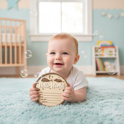 3D Moon Stars Birth Stats Sign | Walnut Frame Wood Baby Plaque | Acrylic Hello World Announcement | Neutral Nursery Decor