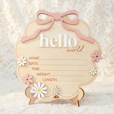 Floral Hello World Baby Birth Sign Wooden Newborn Photo Keepsake