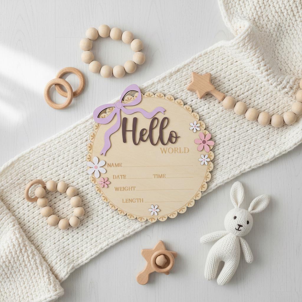 Baby Girl Hello World Birth Keepsake Sign Wooden Floral Nursery Decor