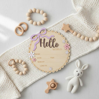 Baby Girl Hello World Birth Keepsake Sign Wooden Floral Nursery Decor