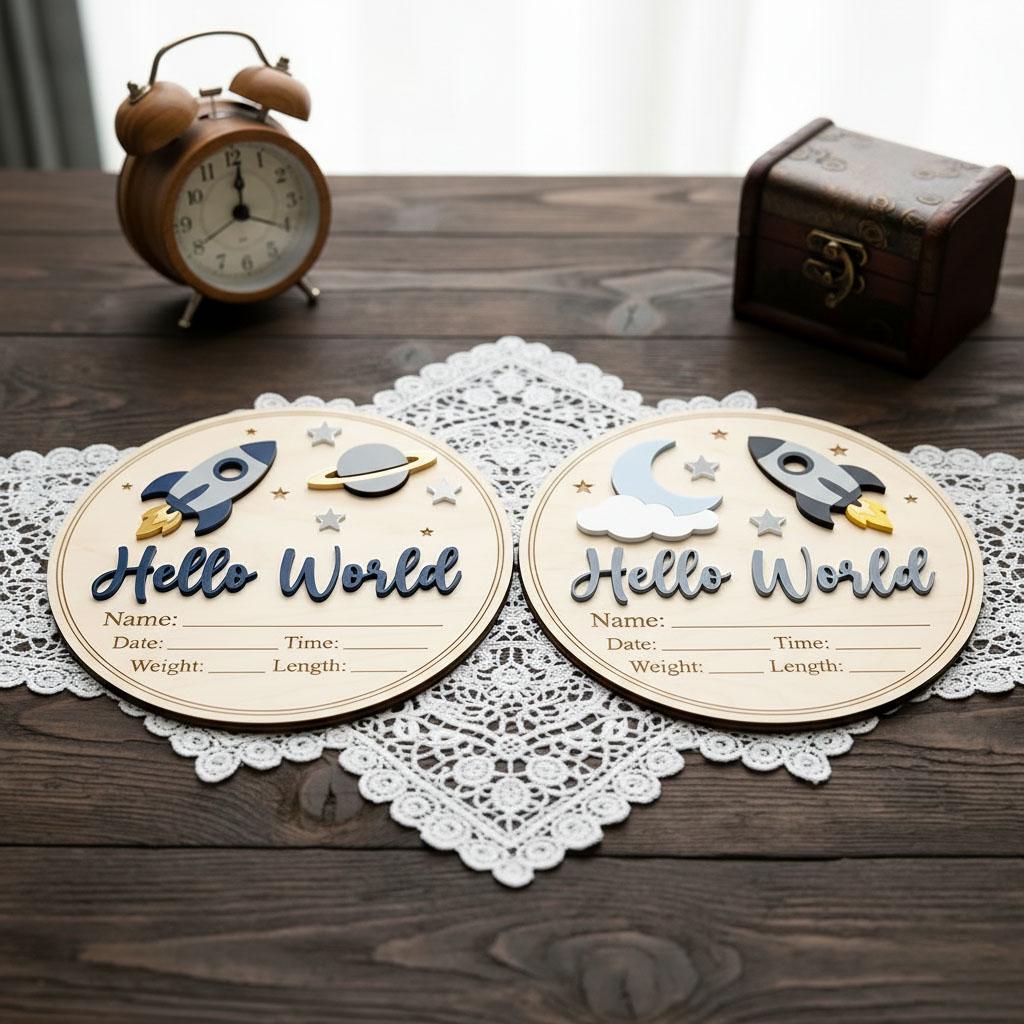 Blue Rocket Birth Stats Sign for Hospital | Round Wooden Newborn Name Plaque | Custom Baby Boy Announcement | Space Nursery Decor