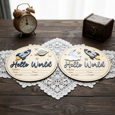 Blue Rocket Birth Stats Sign for Hospital | Round Wooden Newborn Name Plaque | Custom Baby Boy Announcement | Space Nursery Decor