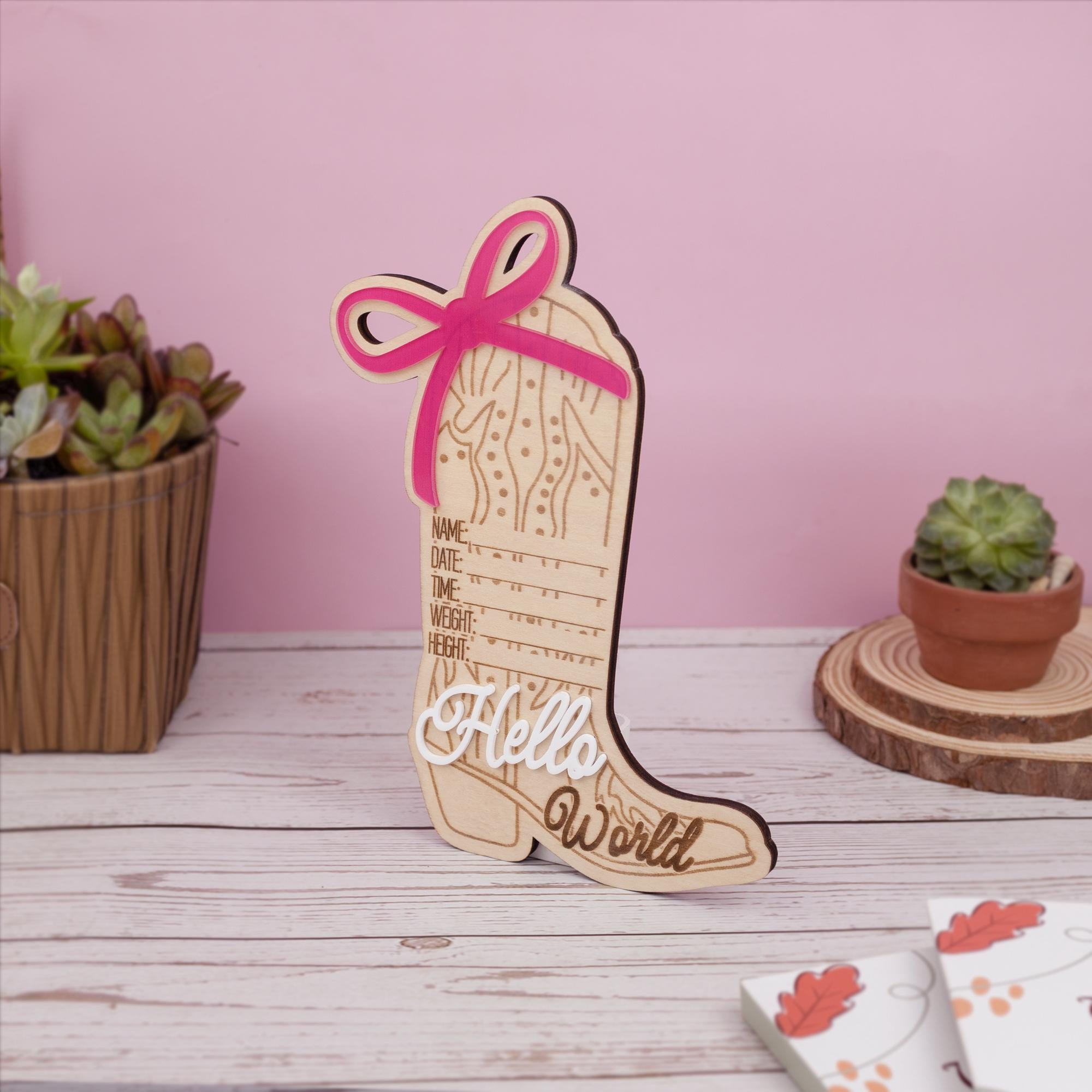 Cowgirl Baby Born Announcement Photo, Western Baby Girl Name Sign, Wooden Hello World Sign, Birth Stat Sign, Wooden Birth Announcement Sign