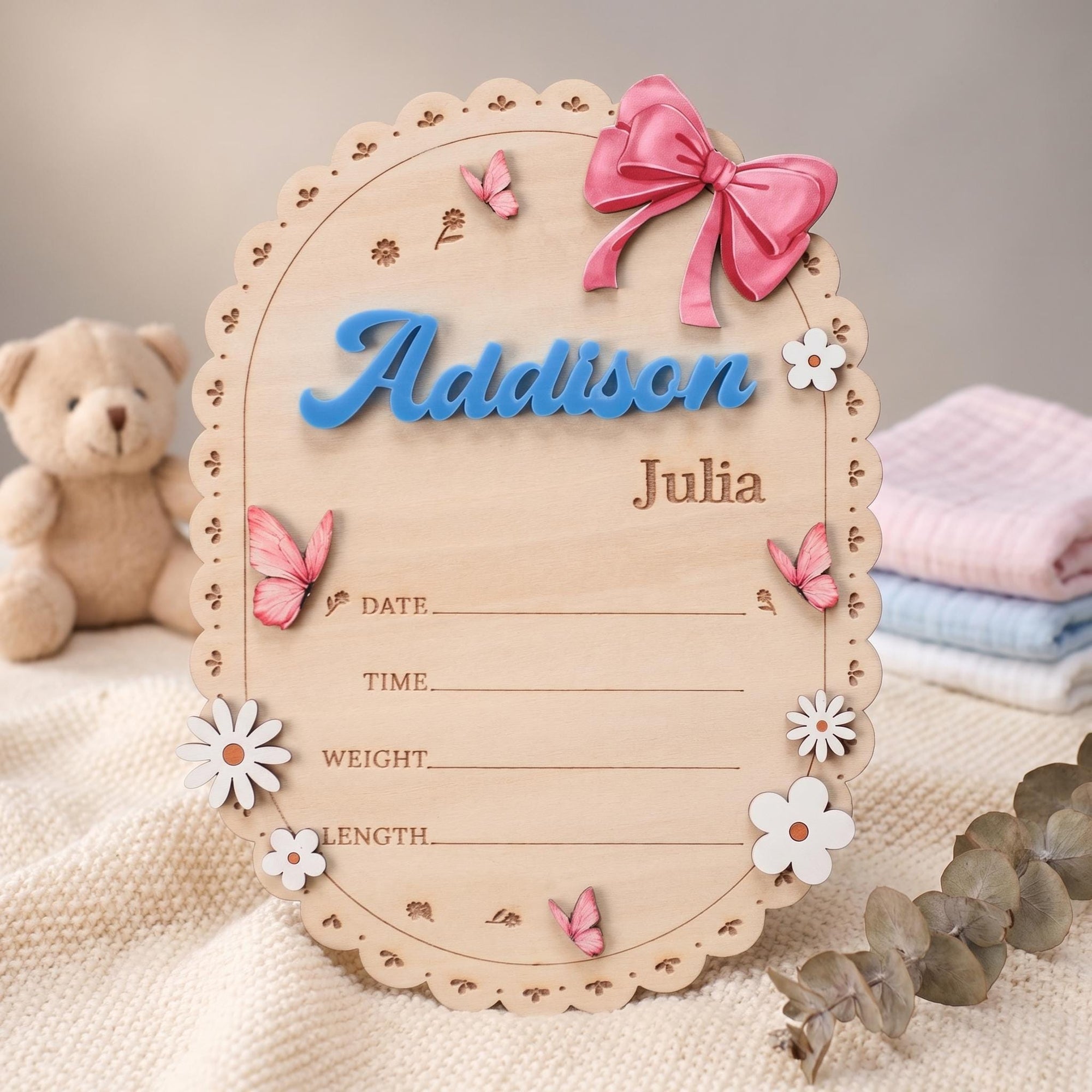 Oval Baby Name Sign for Nursery Scalloped Birth Announcement Sign for Hospital Custom Wood Name Plate Girl Bow Baby Shower Gift