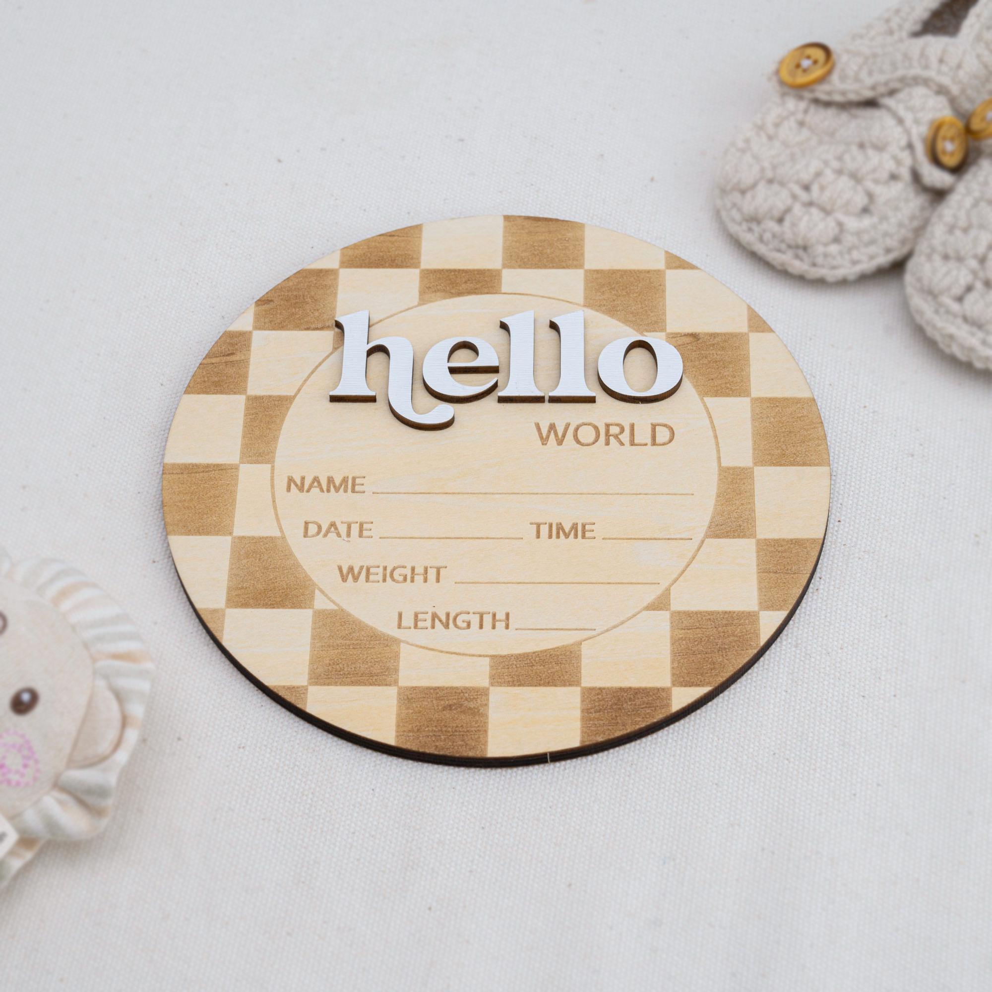 Checkered Hello World Sign, Wooden Baby Announcement, Layered Birth Stat Sign, Birth Stat Plaque, Retro Nursery Decor, Name Announcement