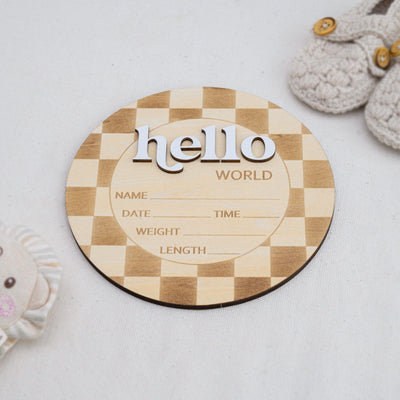 Checkered Hello World Sign, Wooden Baby Announcement, Layered Birth Stat Sign, Birth Stat Plaque, Retro Nursery Decor, Name Announcement