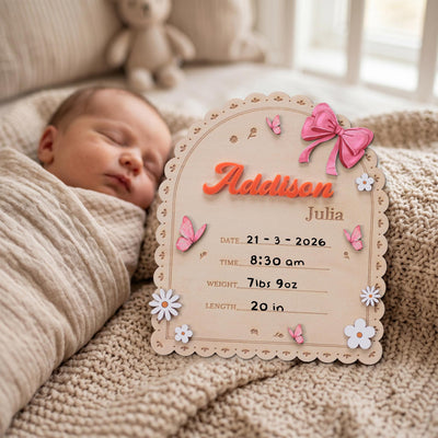 Personalized Baby Name Sign for Nursery Pink Bow Birth Announcement Sign for Hospital Custom Wood Name Plate Girl Newborn Gift