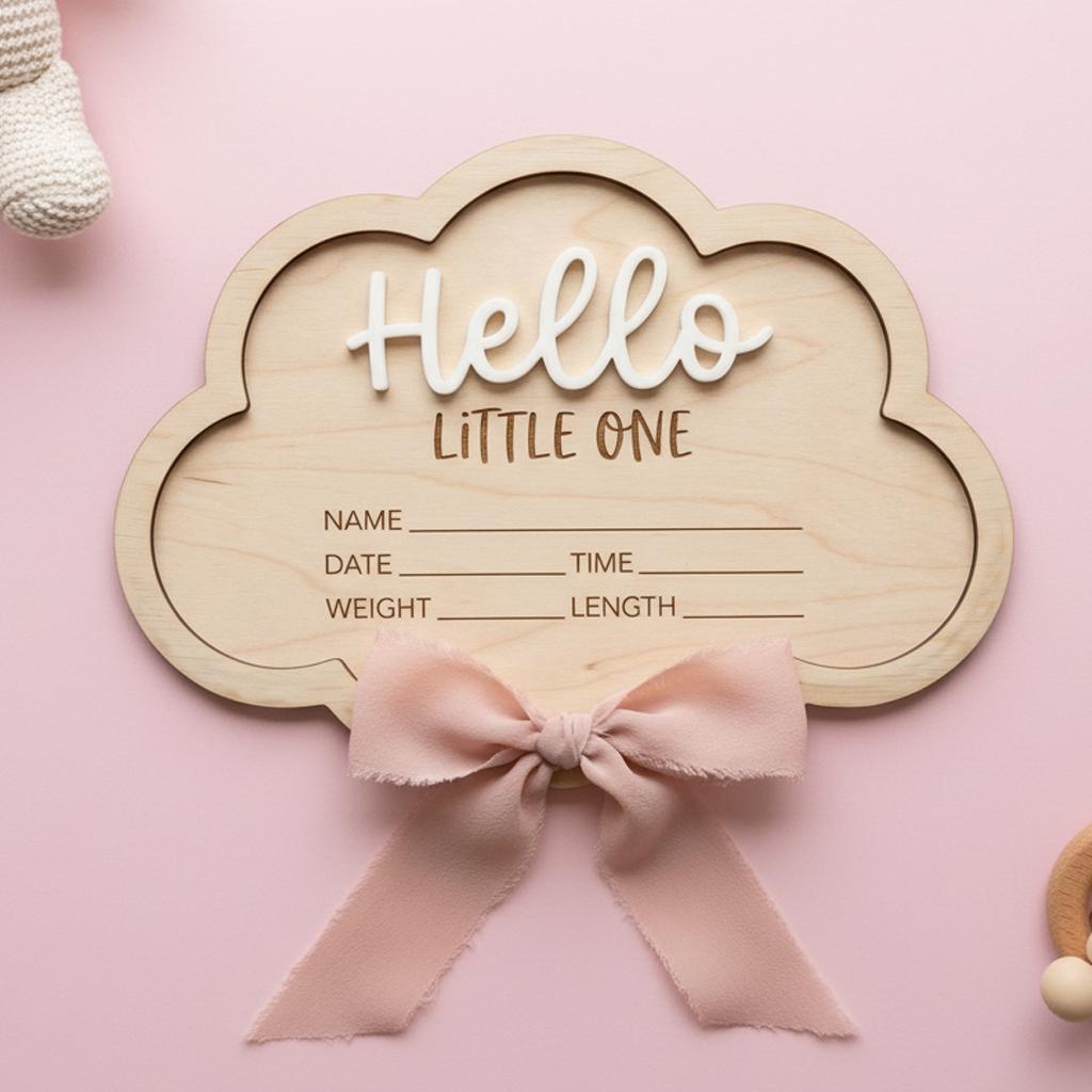 Personalized Baby Stats Plaque for Girl, Newborn Birth Announcement Sign, Boho Hospital Photo Prop, Hello Little One Nursery Decor