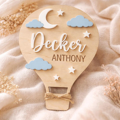 Hot Air Balloon Name Sign | Blue Pink Clouds Baby Plaque | 3D Moon Stars Wooden Letters | Whimsical Nursery Wall Decor Custom